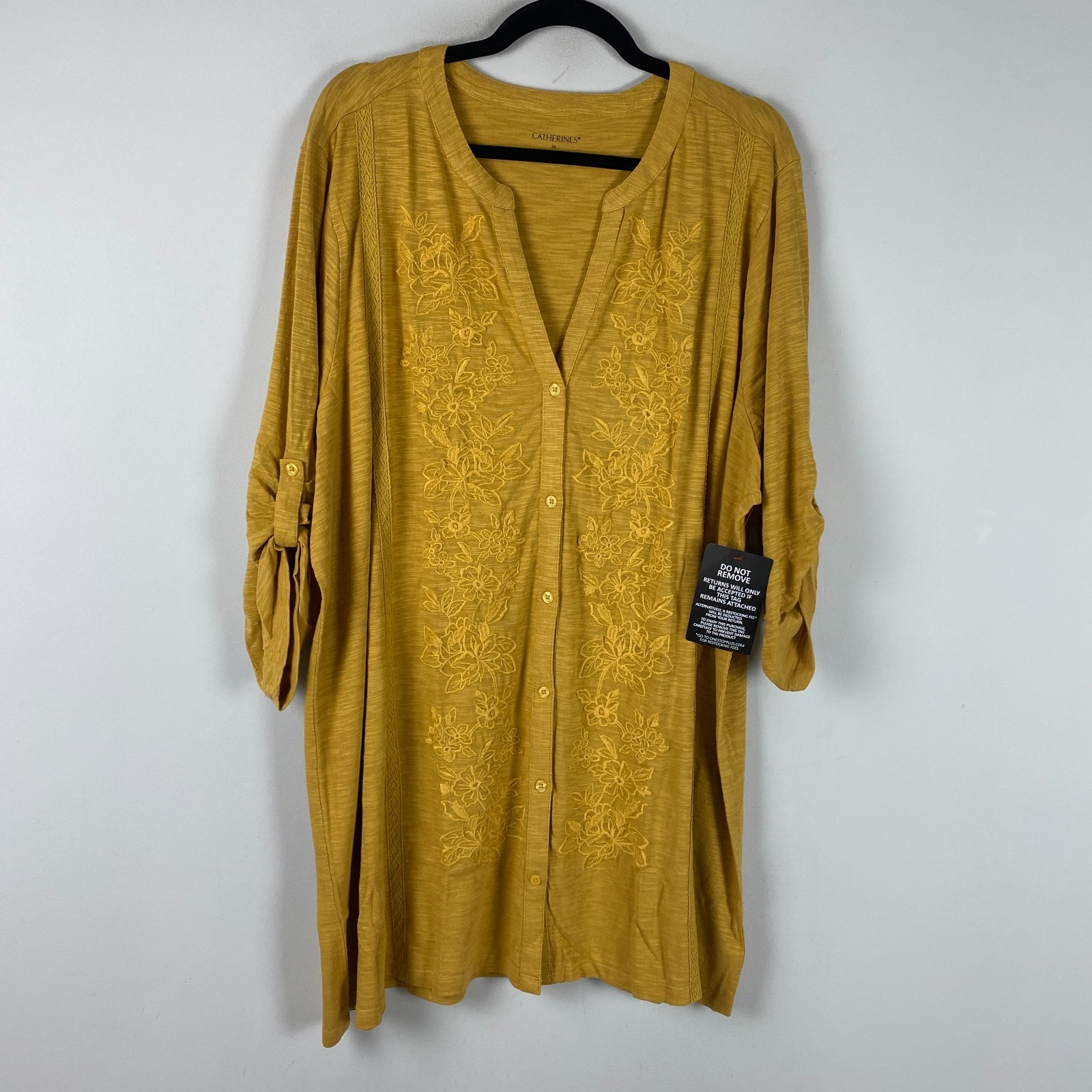 Catherines Embroidered Button Front Tunic Size 3X Honey Mustard Floral