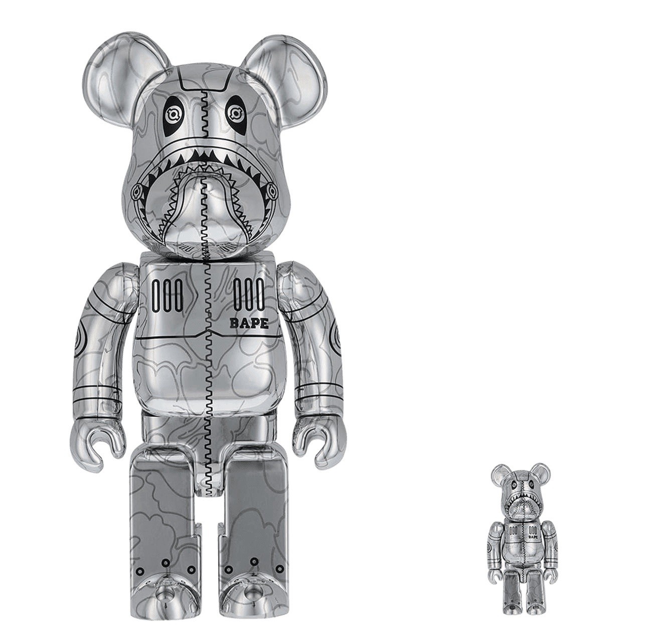 Bape X Hajime Sorayama Bearbrick 400% & 100% Silver Chrome Bape X Hajime Sorayama Bearbrick 400% & 100% Silver Chrome