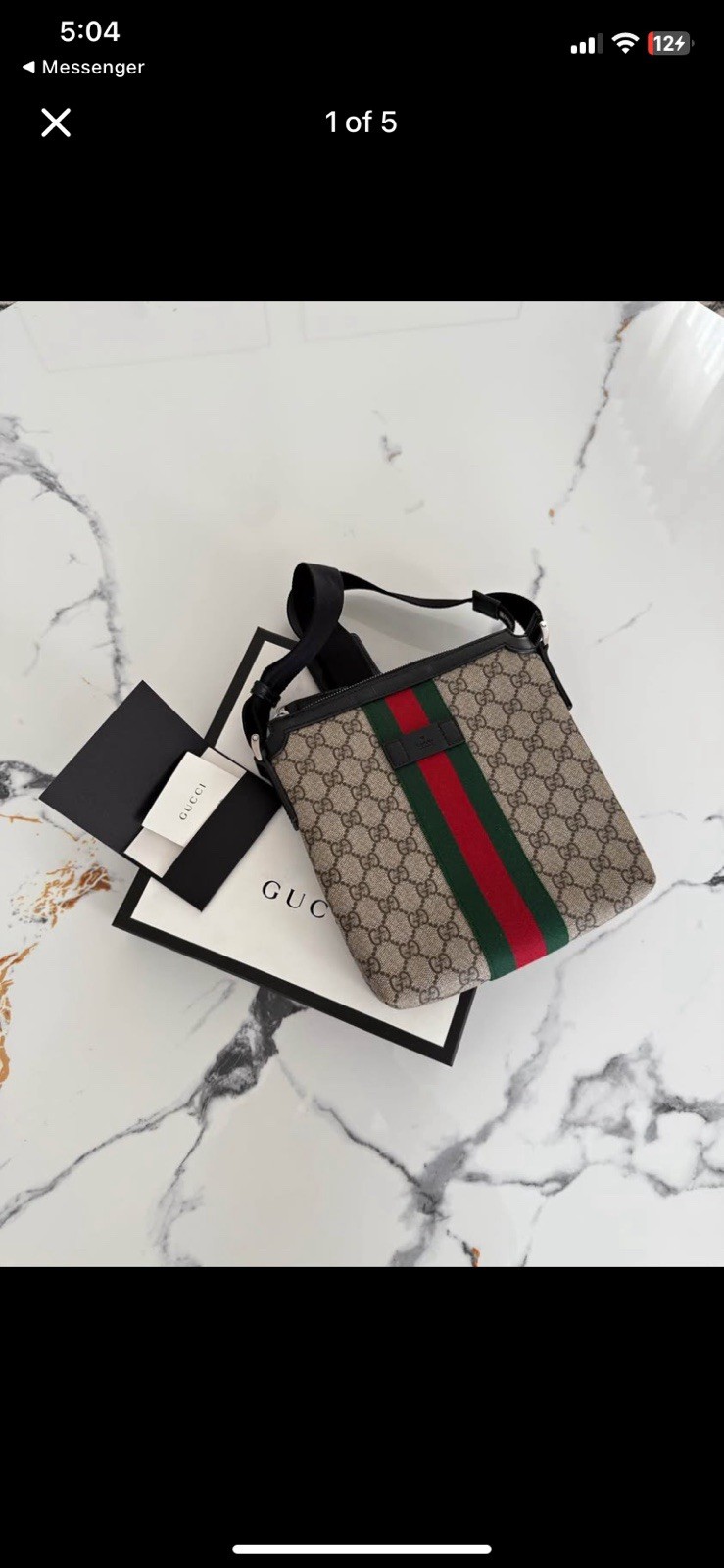 Gucci GG Canvas Leather Crossbody Bag Beige Web Stripe Zip Adjustable Dust Bag