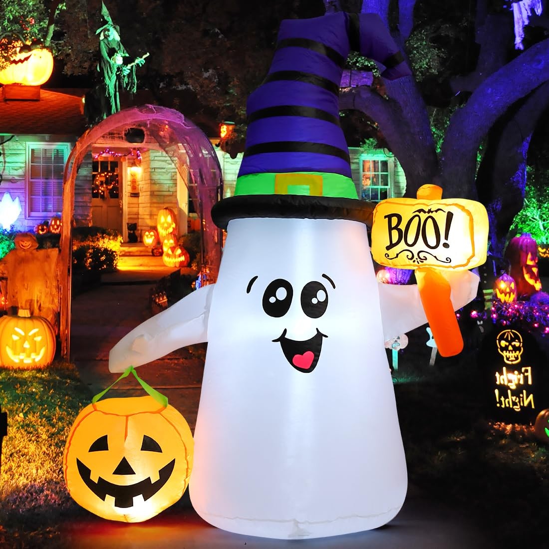 GOOSH 5 FT Halloween Inflatables Ghost Outdoor Decorations Blow Up Yard Cute Wiz
