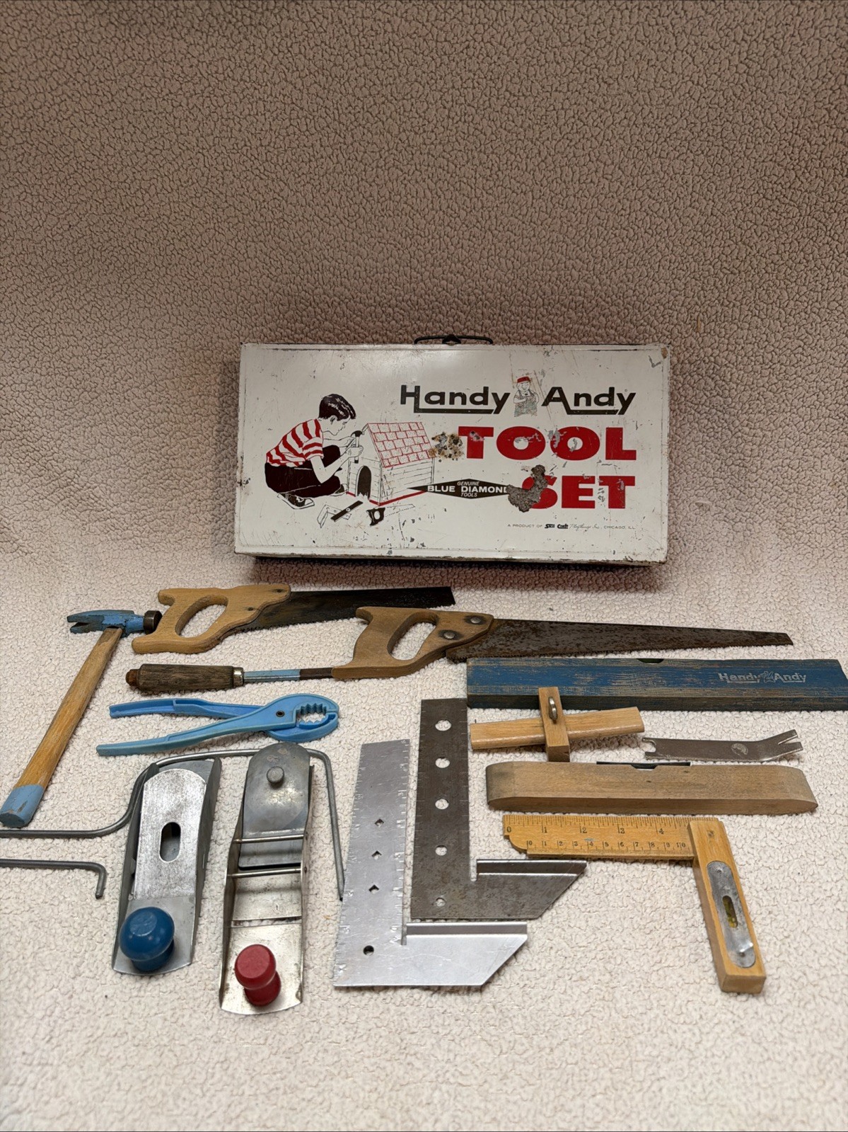 Vintage Handy Andy Blue Diamond Child Tool Set Metal Box Skil-Craft Chicago USA