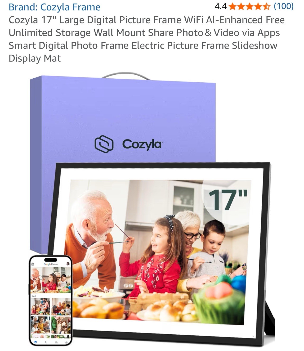 Cozyla 17\'\' Large Digital Picture Frame WiFi AI-Enhanced Free Unlimited Storage