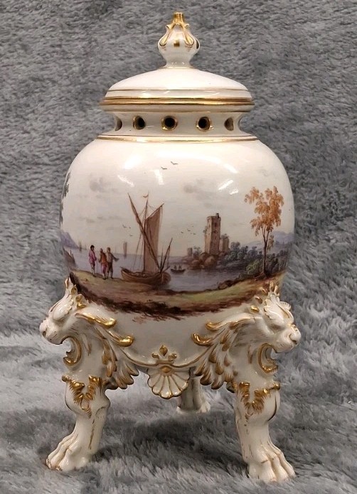 Antique Meissen Porcelain Potpourri Urn Censer Hand Painted Lion Tripod Stand...