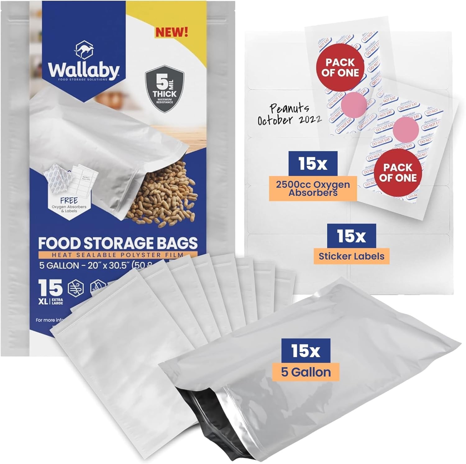 Wallaby 15ct 5-Gallon Mylar Bags w/ 2500cc Oxygen Absorbers Food Storage