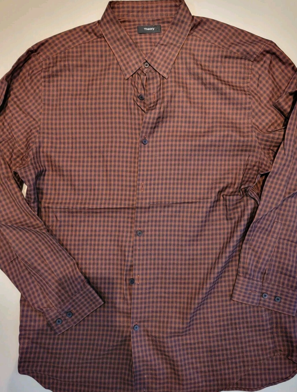 Theory Shirt Men\'s Large Irving Dk Pimento Multi Fade Check Button Up plaid XL