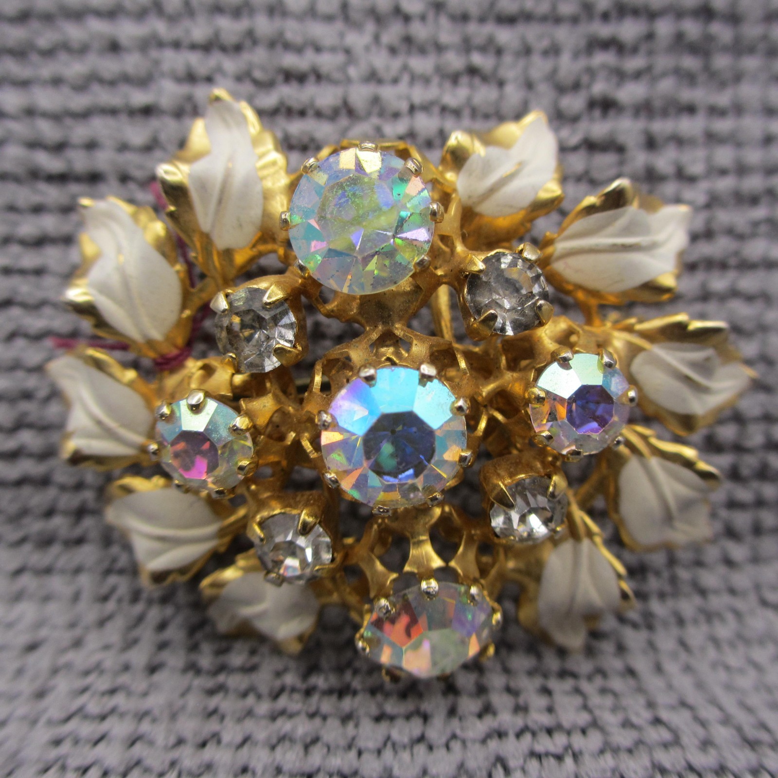 Vintage Austria Brooch AB Rhinestone Enamel White Leaf Vintage Austria Brooch AB Rhinestone Enamel White Leaf