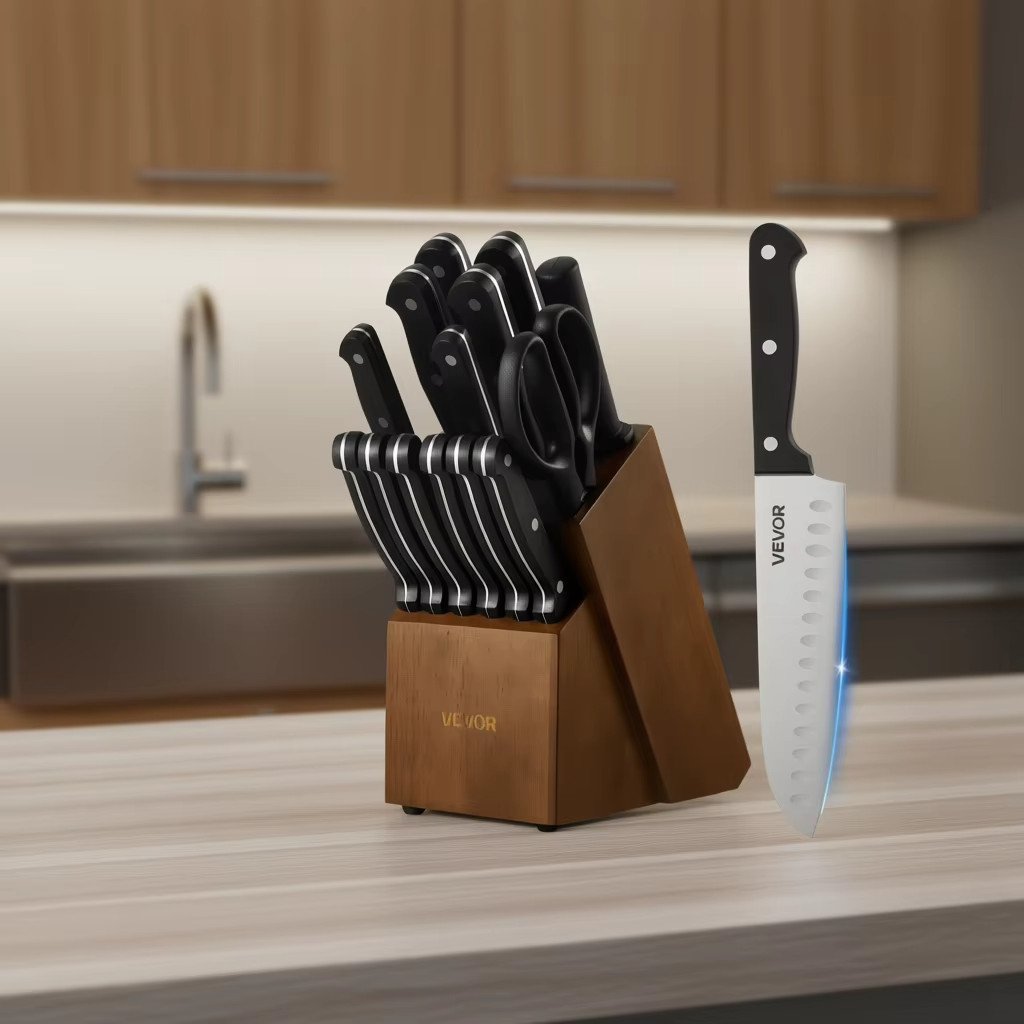 15-Piece Stainless Steel Kitchen Knife Set with Wooden Block Ergonomic Handle 