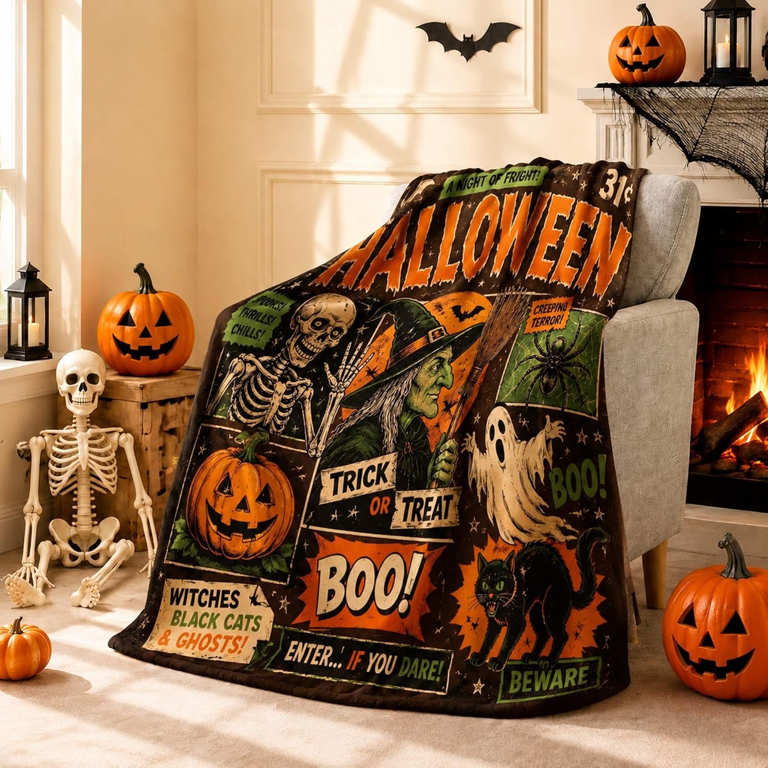 Vintage 50x60 Halloween Throw Blanket Spooky Witch Skull Pumpkin Decor