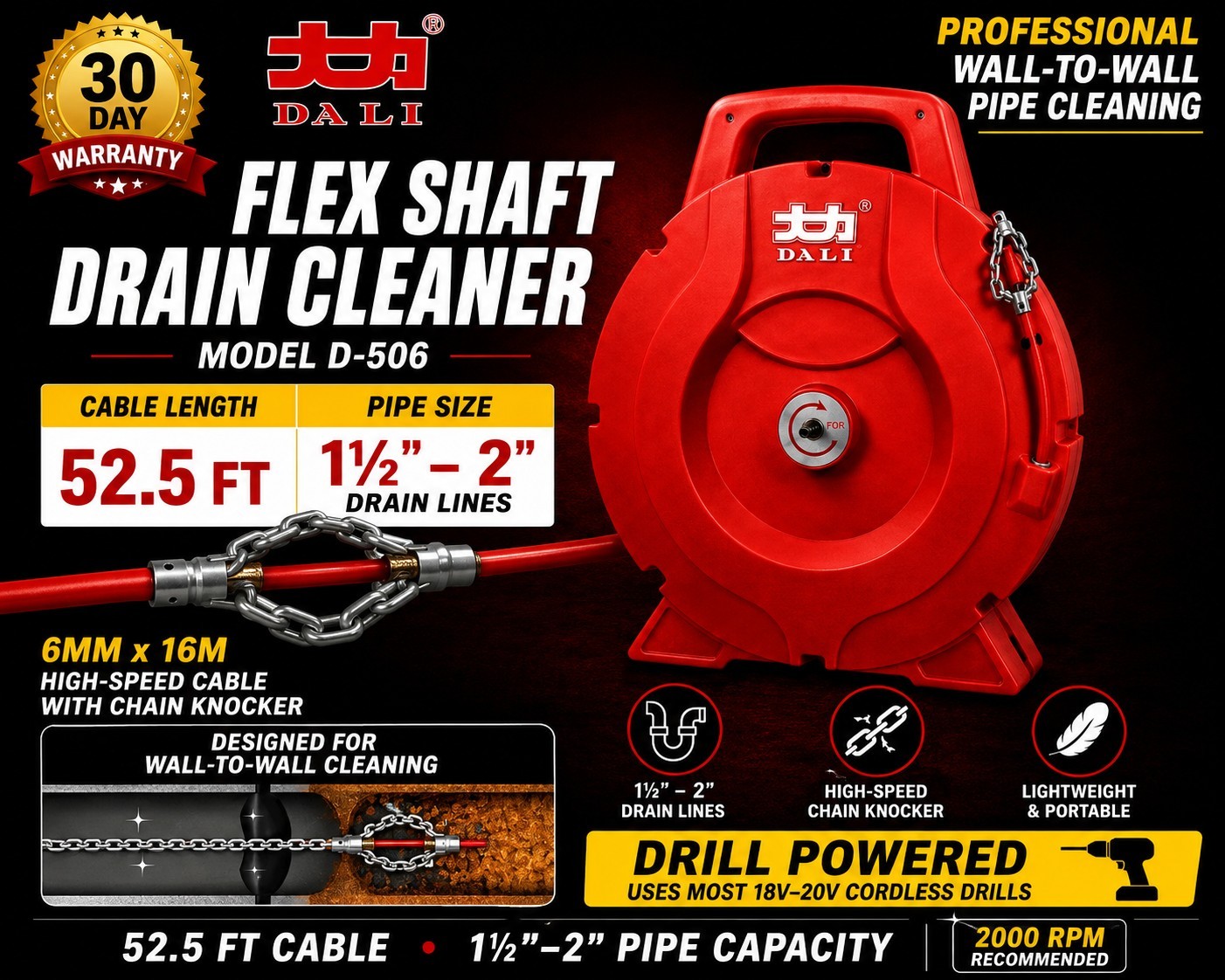 Drain Snake Flex Shaft Drain Cleaner Machine 50\' Drill Powered DALI D-506