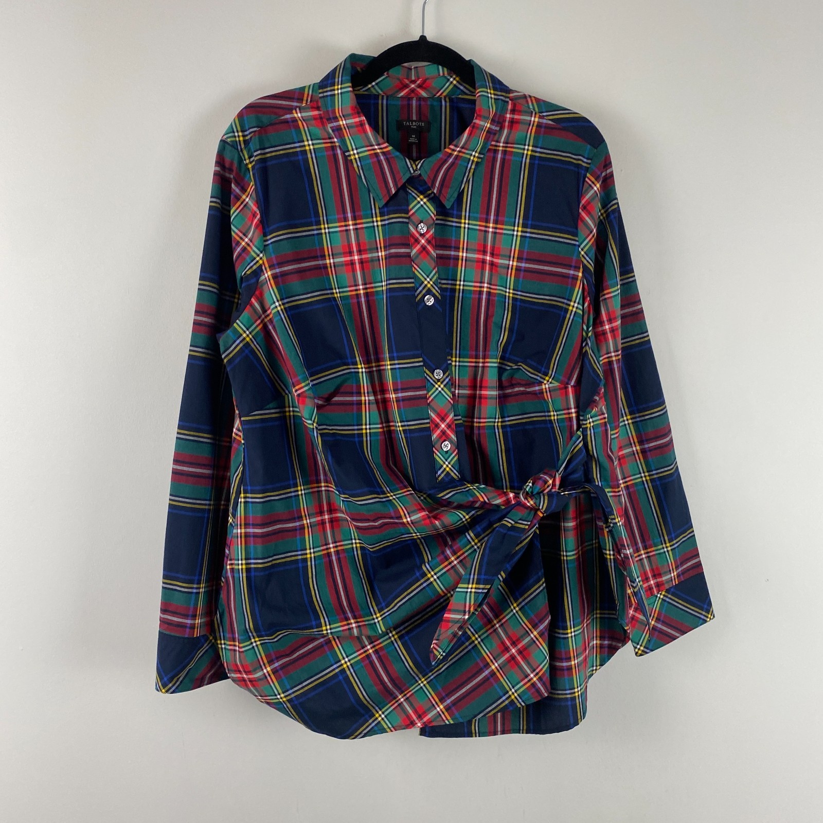 Talbots Tie Front Poplin Shirt Size 1X Blue Green Red Jolly Tartan Plaid