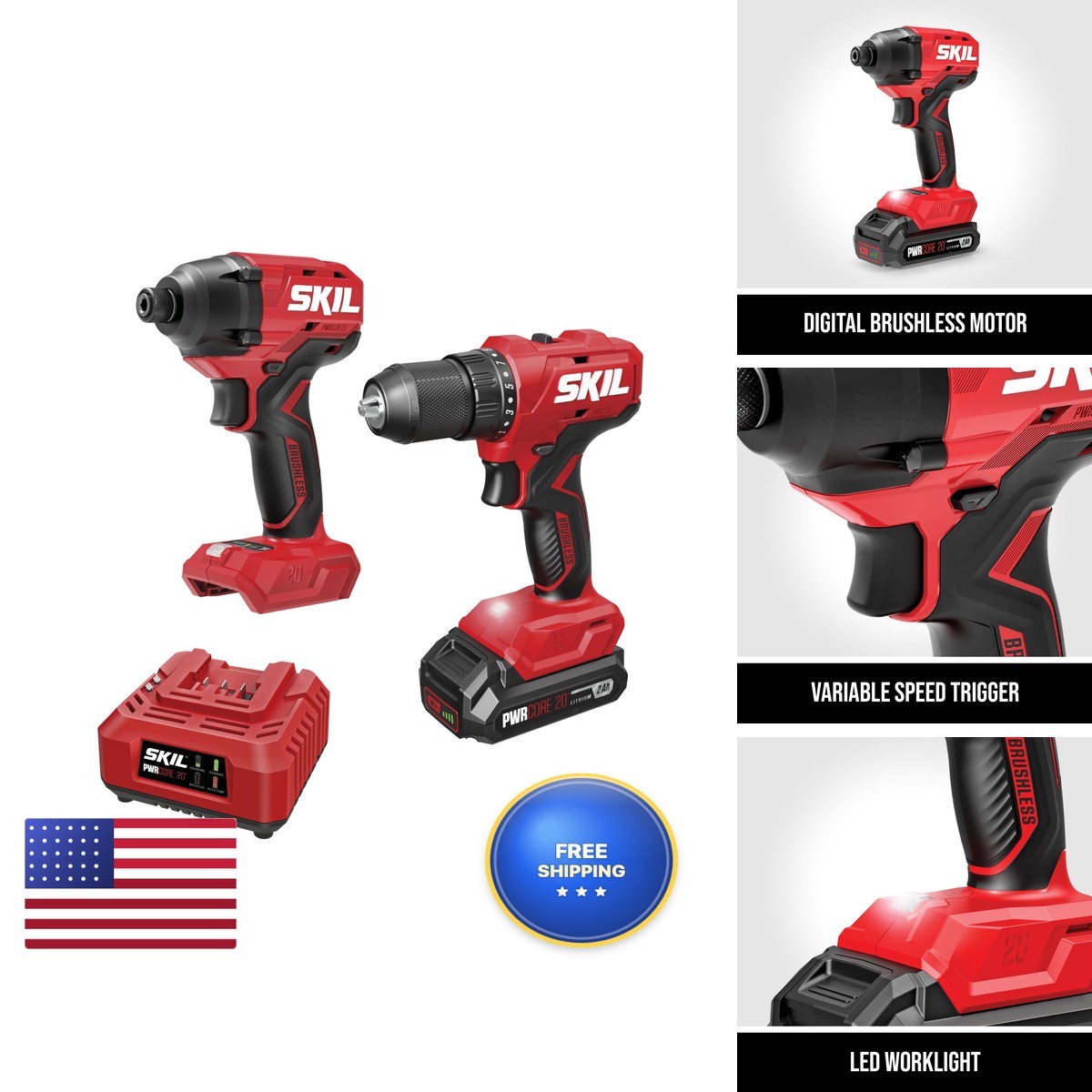 SKIL PWRCORE 20V Brushless 2-Tool Drill Driver & Impact Driver Combo Kit 2.0Ah