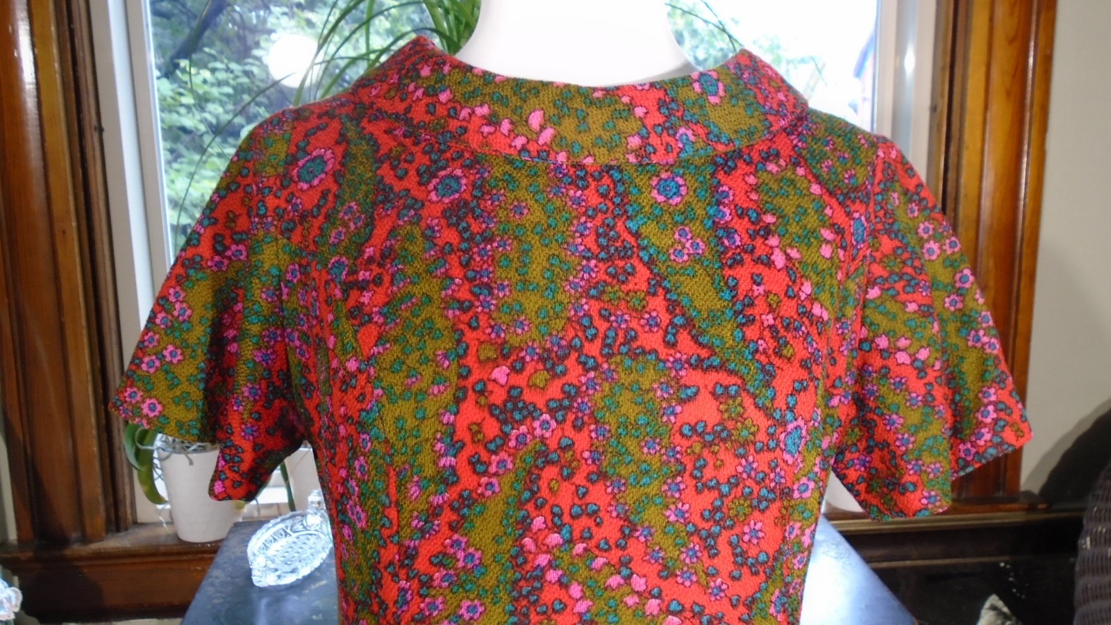 VTG Barkcloth Dress 60\'s Floral unworn M handmade cowl neck short sleeve pockets