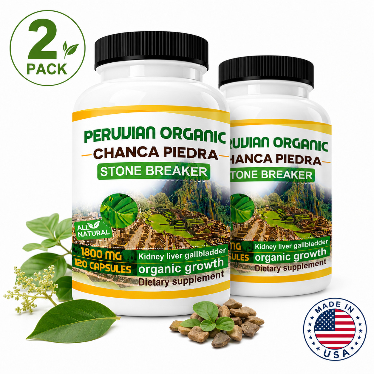 2 Pack Peruvian Organic Chanca Piedra Stone Breaker 1800mg 360 Capsules
