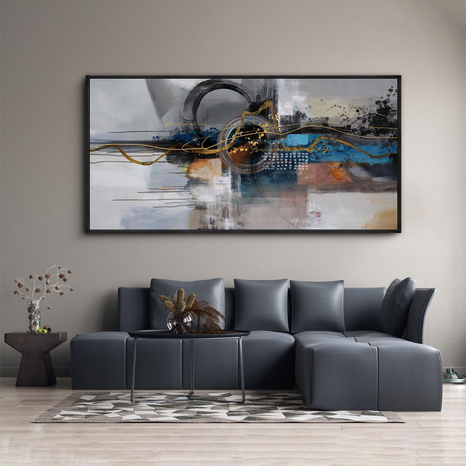XLSJERST Large Abstract Frame Wall Art - 29x58 inches, Gold and black grey