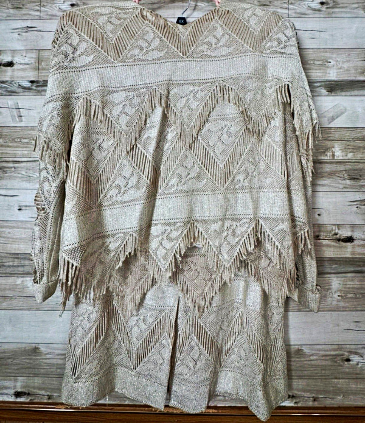 Vintage Damianou Beige Geometric Knit A-Line Midi Skirt Fringe Button Closure M