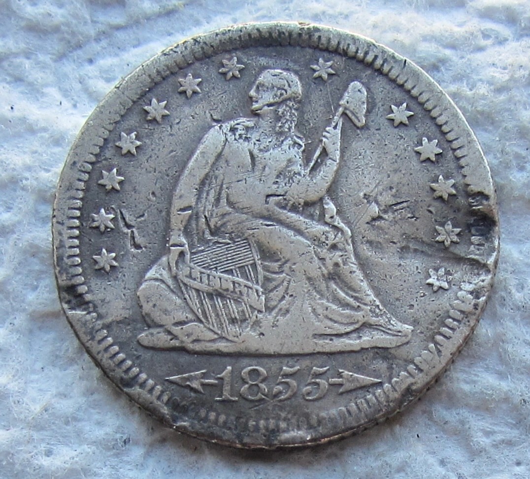 1855-S Arrows Seated Liberty Silver Quarter Rare Key Date  VF Damaged Cleaned