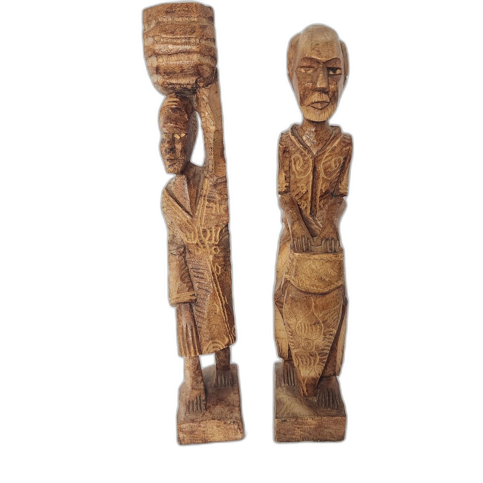 Vintage Hand Carved African Wood Statues Drummer Water Bearer Pair