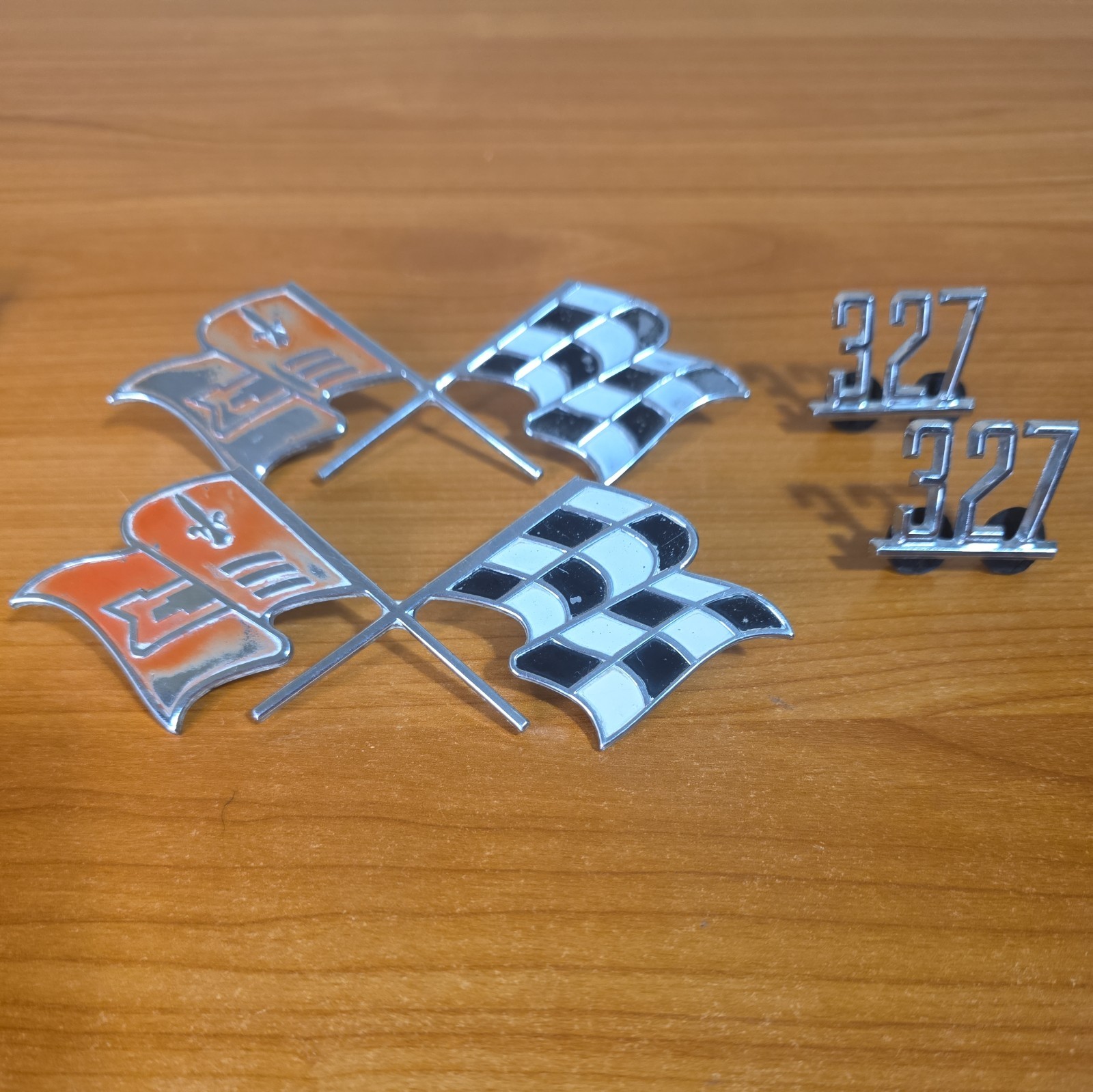 Vintage OEM GM 1957 Fuel Injection Cross Flags Emblem Pair 3742213 & 327 Badges Vintage OEM GM 1957 Fuel Injection Cross Flags Emblem Pair 3742213 & 327 Badges