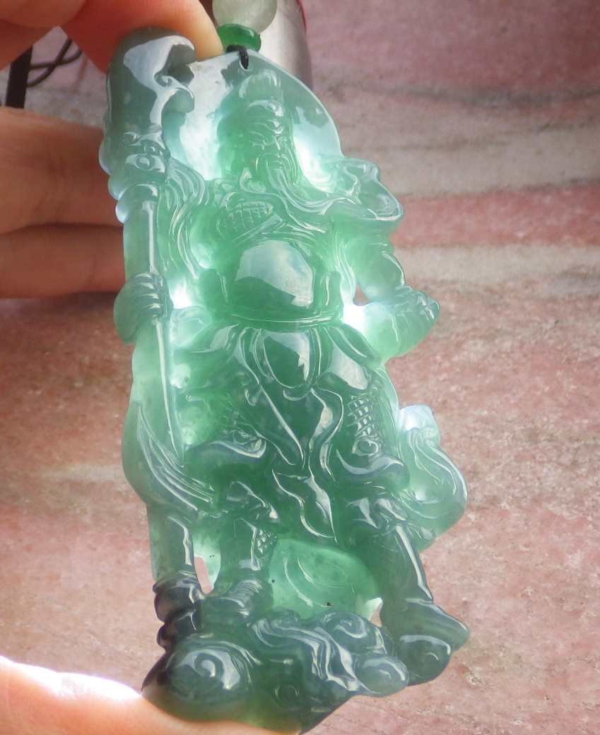Video Certified Green Natural A Jade jadeite Pendant Guan Gong God 关公 123998 VS