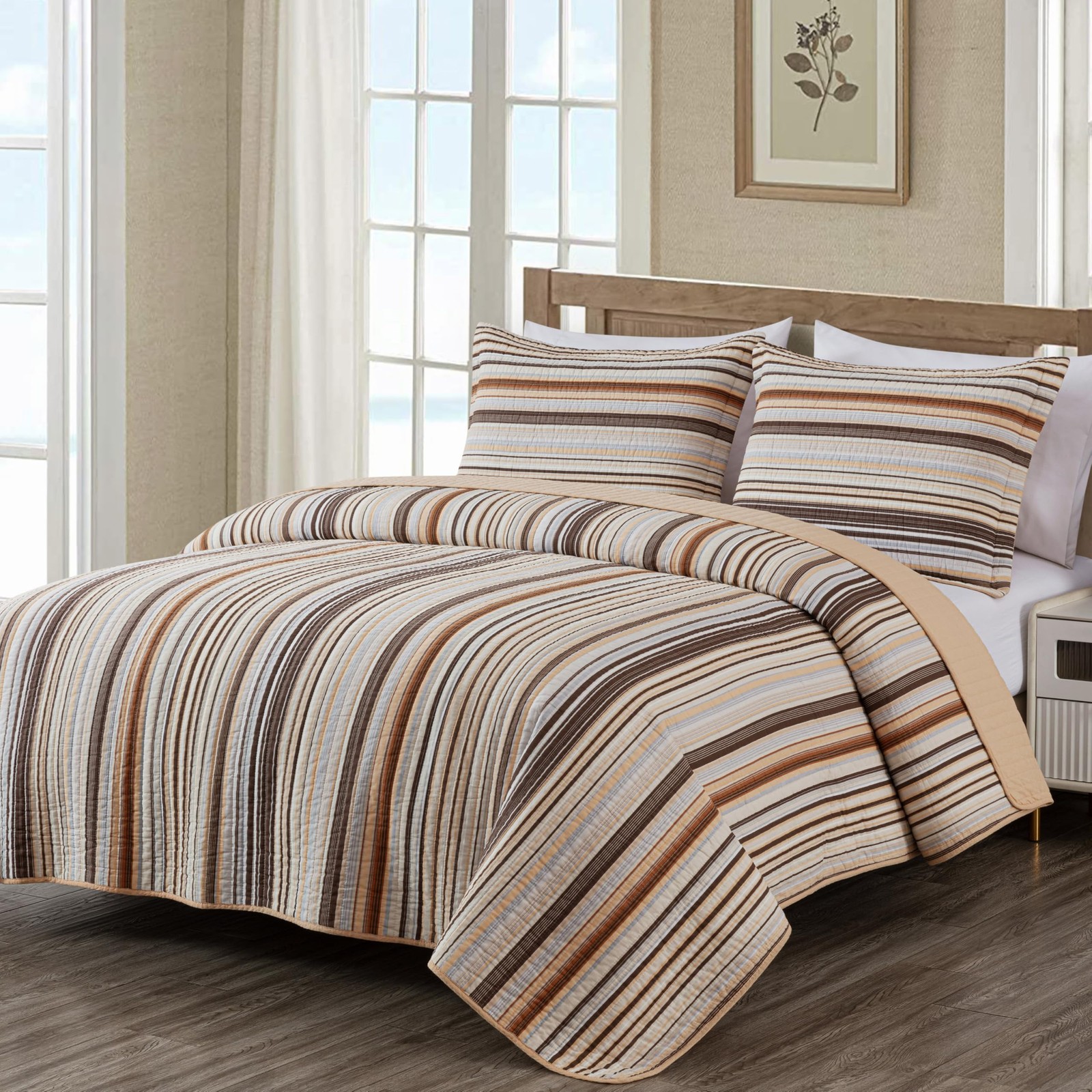 Chezmoi Collection Avery Striped Cotton Quilt Set 3-Piece Oversized King - Brown Chezmoi Collection Avery Striped Cotton Quilt Set 3-Piece Oversized King - Brown