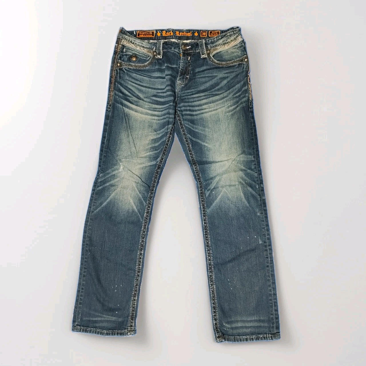 Rock Revival Boney Alt Straight Jeans Mens Size 38 Dark Wash Embroidered