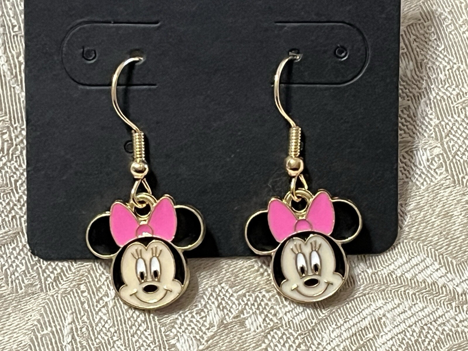 Minnie Big Ear Pink Bow Mouse Cartoon Enamel Gold Dangle Adorable Earring Set