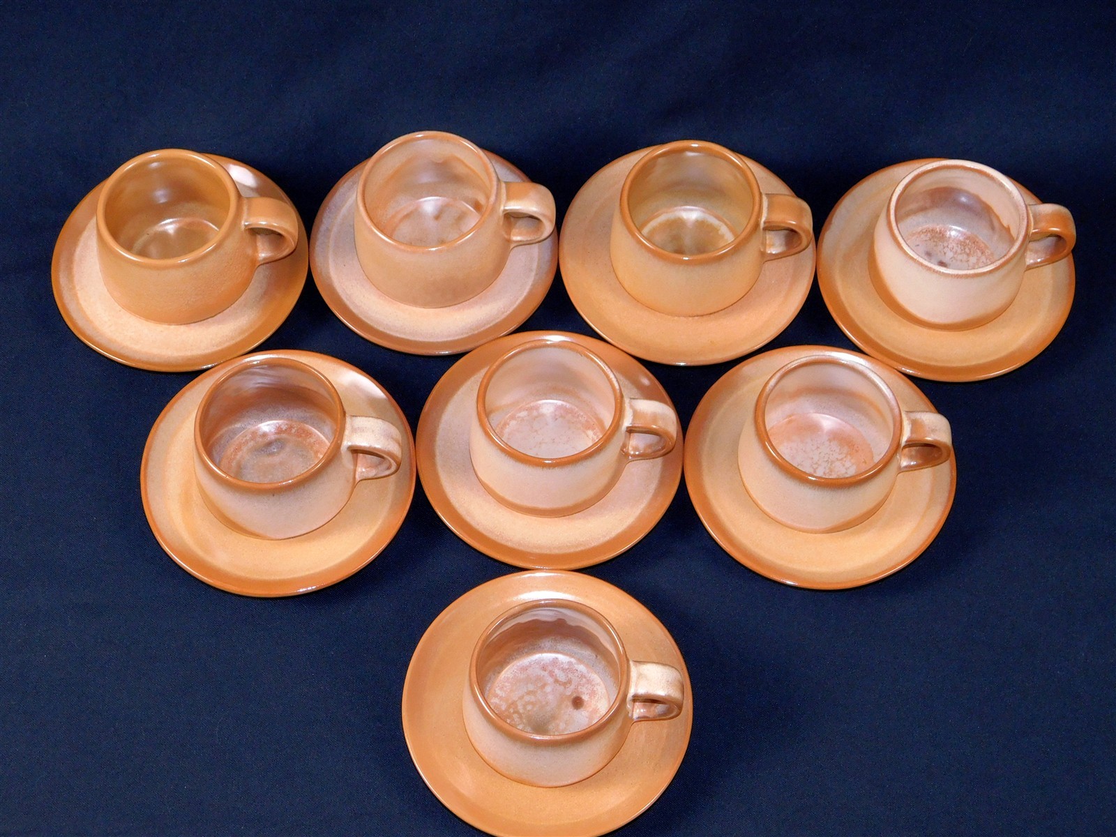 8 VTG 1950s FRANKOMA Pottery 6C 6E Peach Mountain Glaze Cup & Saucer Sets 8 VTG 1950s FRANKOMA Pottery 6C 6E Peach Mountain Glaze Cup & Saucer Sets
