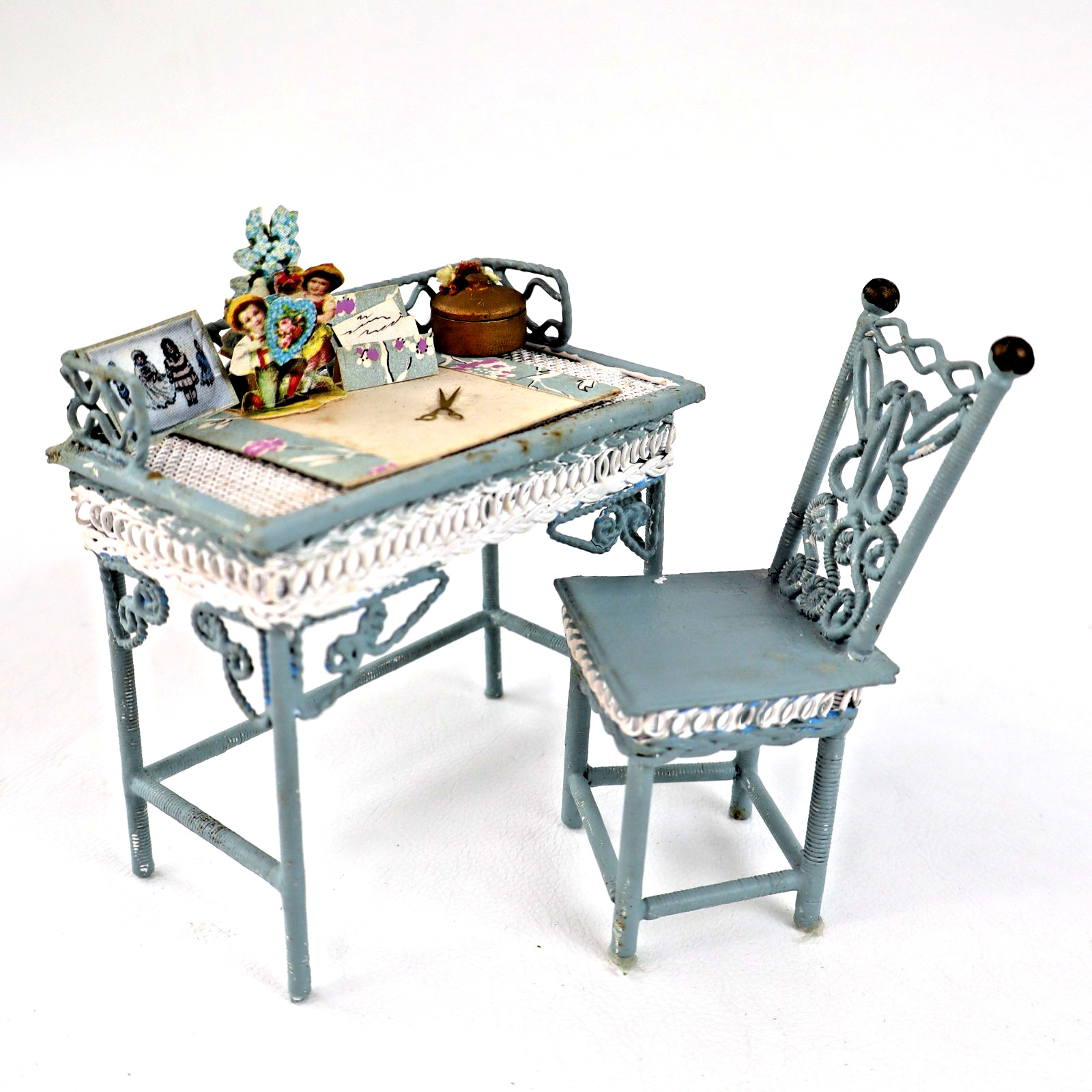 vintage dollhouse miniature artisan OOAK writing desk + chair w/ stationary 1:12