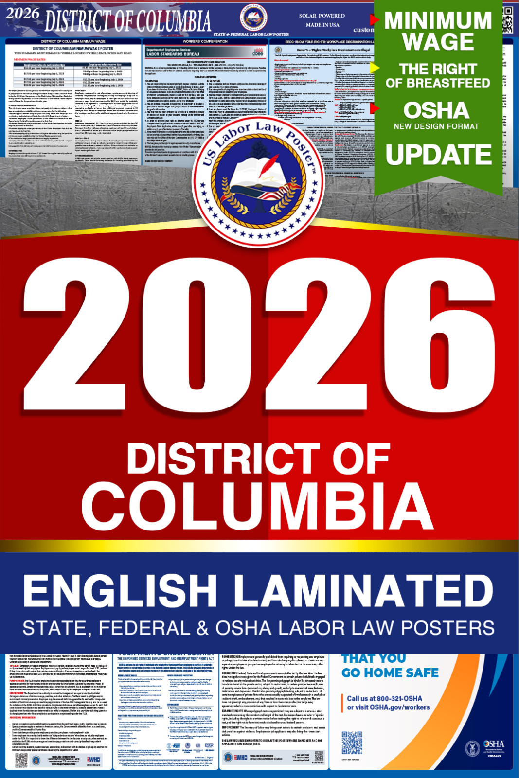 2026 Washington DC LABOR LAW POSTER (Federal & State) English Laminated