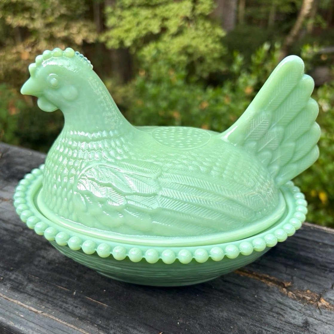 Jadeite Green Glass Hen on Nest Covered Dish Jadeite Green Glass Hen on Nest Covered Dish