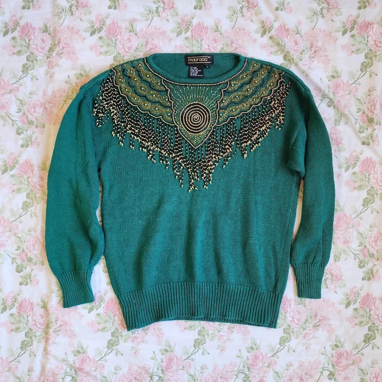 vintage 80s 90s green beaded sweater