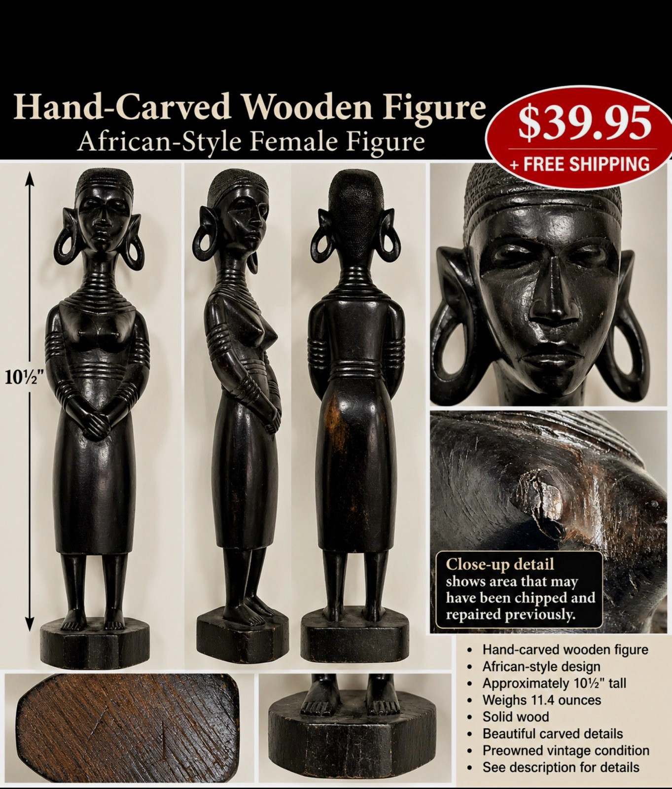 Hand Carved African Style Wooden Female Figurine Statue 10.5” Tall