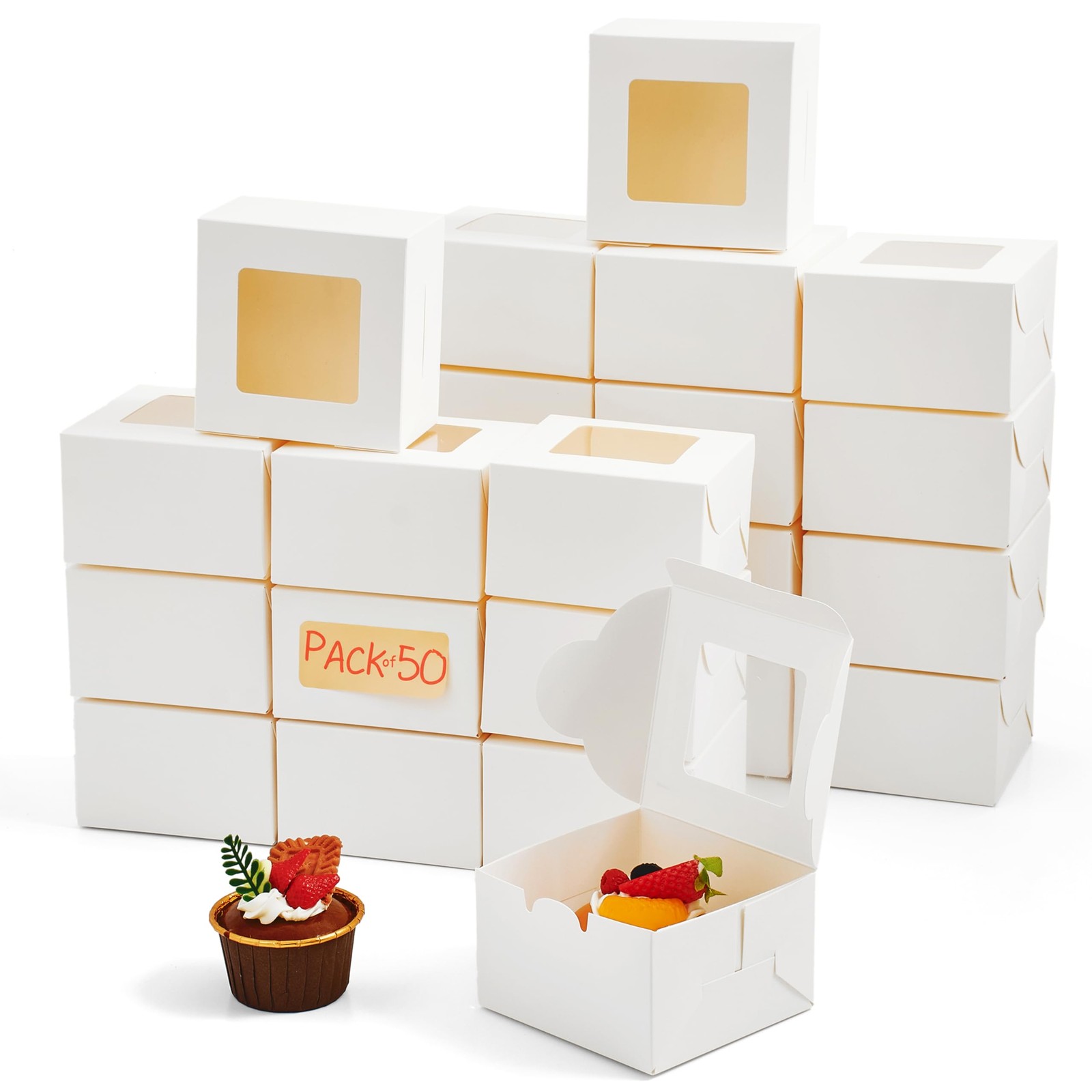 Juvale 50 Pack 4x4x2.5 Mini Dessert Boxes with Window for Bakery - White