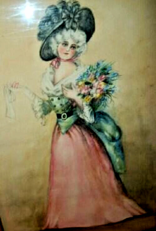 1890s Victorian Watercolor Painting French Lady Pompadour Chippy Gilt Frame