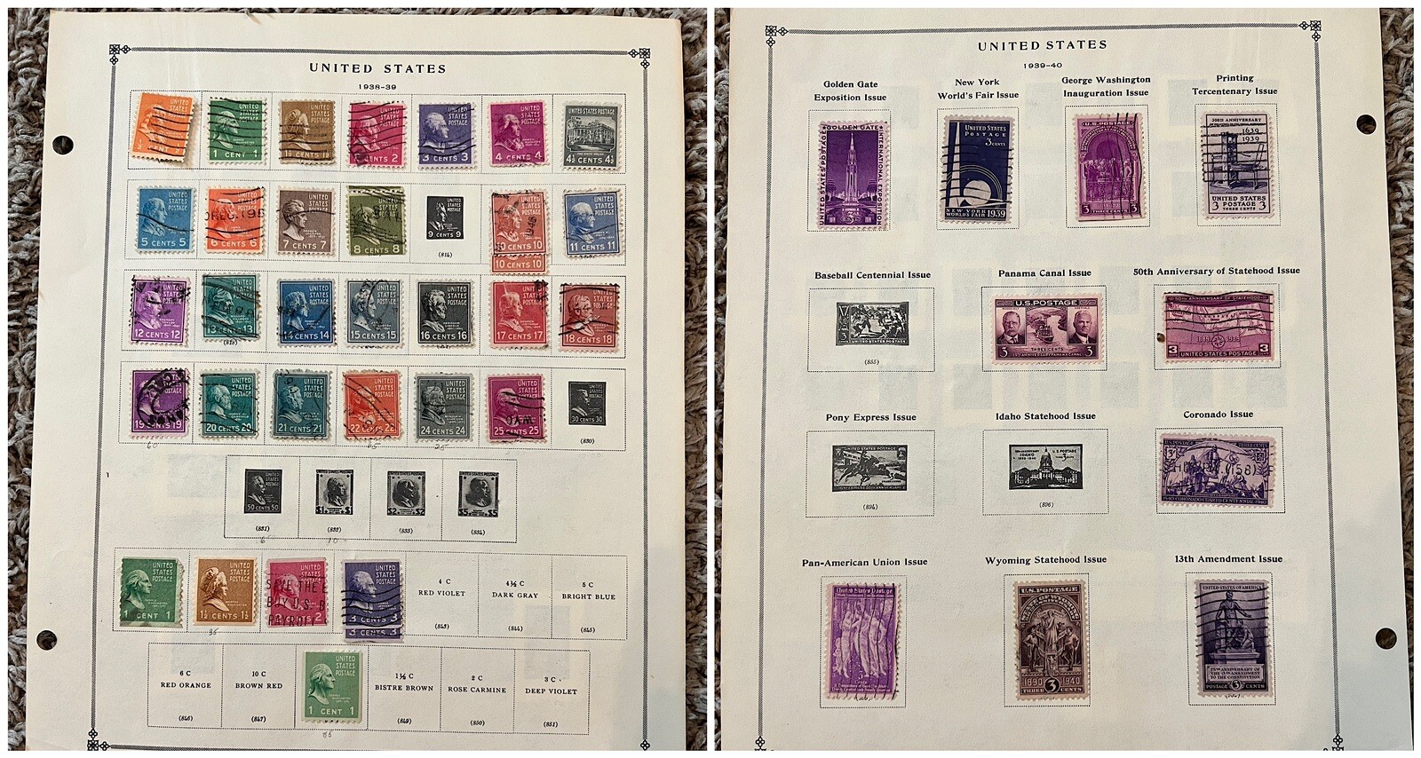 1938-1940 US STAMPS LOT ON ALBUM PAGE PRESIDENTS GOLDEN GATE CORONADO WORLD FAIR 1938-1940 US STAMPS LOT ON ALBUM PAGE PRESIDENTS GOLDEN GATE CORONADO WORLD FAIR