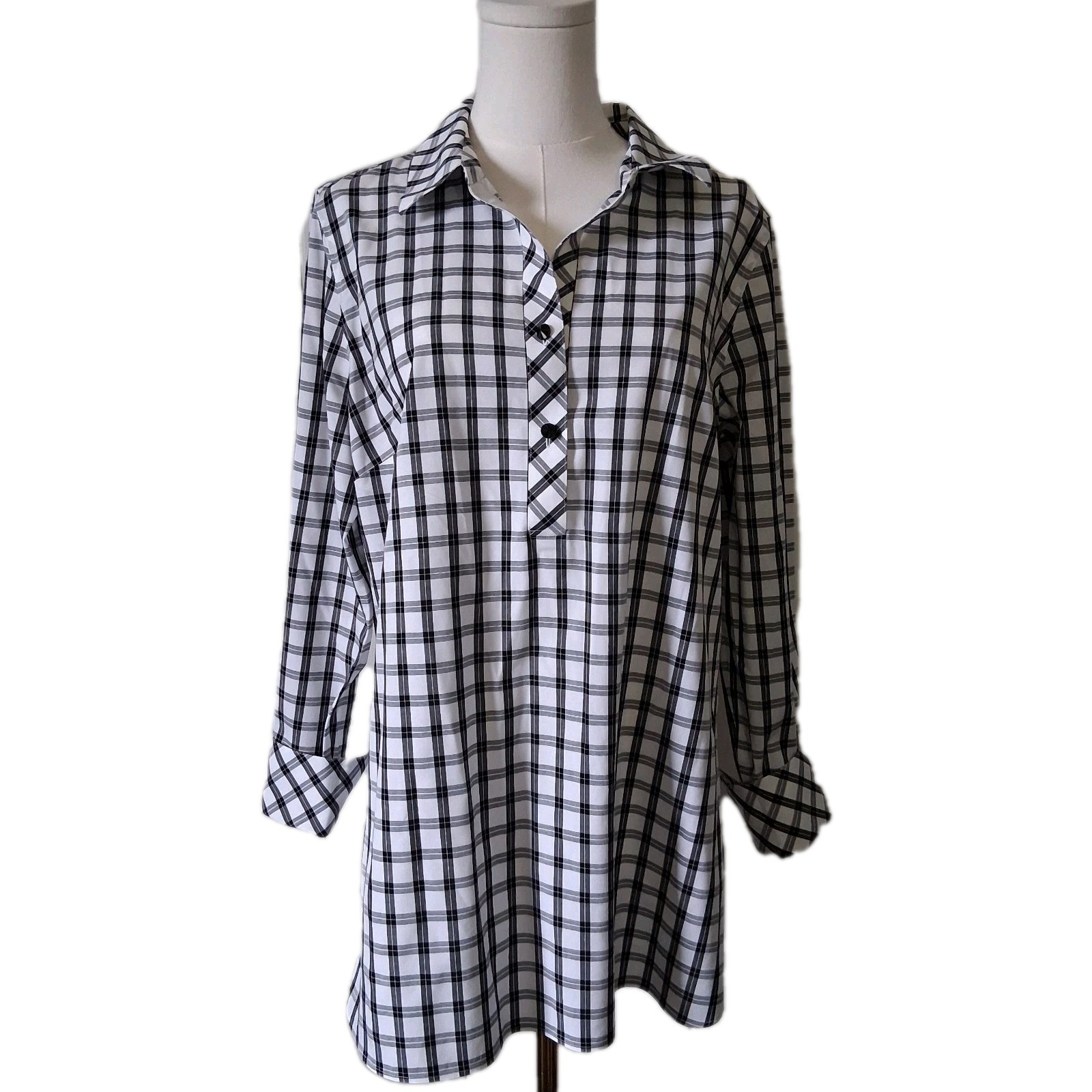 Talbots Tunic Top Women’s 12 Black White Check Popover Non Iron Career Casual