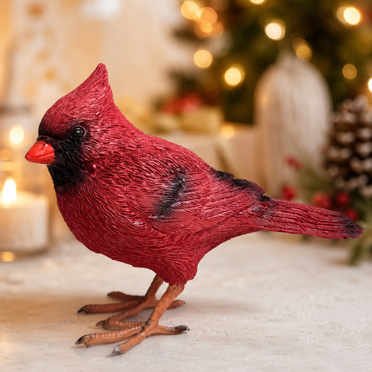 Handmade Red Cardinal Bird Figurine Realistic Painted Woodland Wildlife Decor