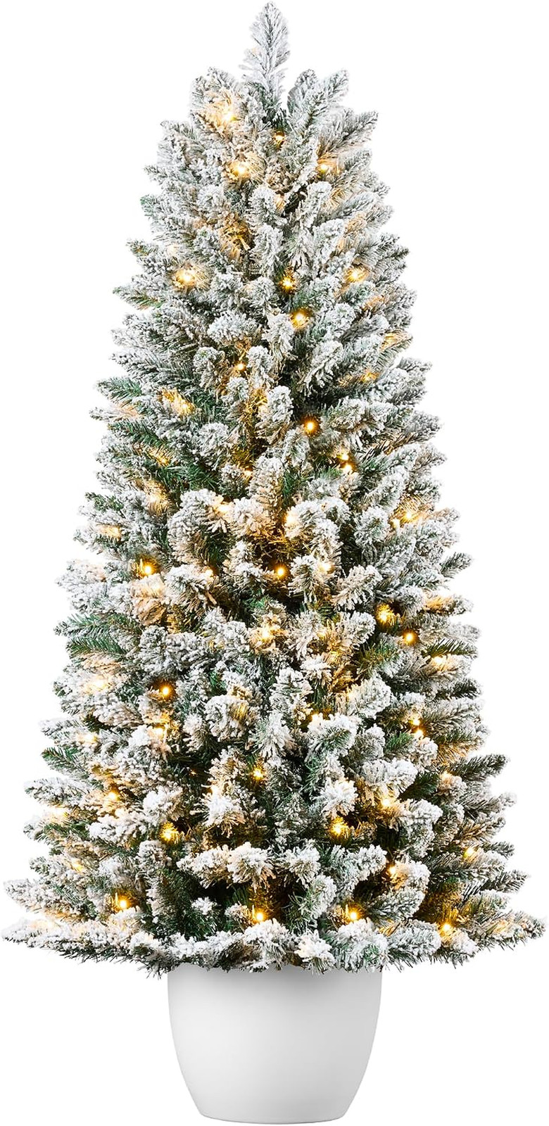 Prelit Potted Flocked Pencil Christmas Tree, 4.5Ft Artificial Lighted Holiday Dé