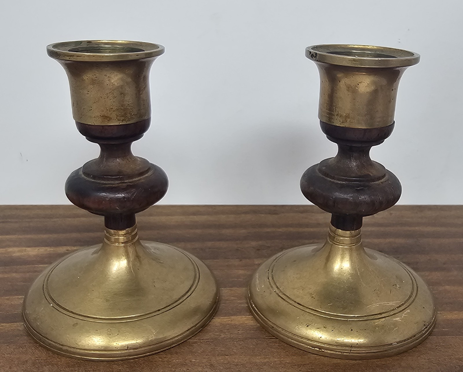 Vintage Pair of MCM Teak Wood & Brass Candle Stick Holders Tapered 3.5