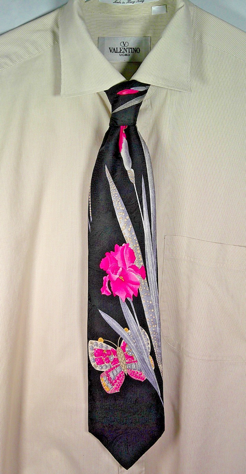 Leonard Paris Silk Tie – Jeweled Butterfly & Pink Iris Print – 90s Vintage