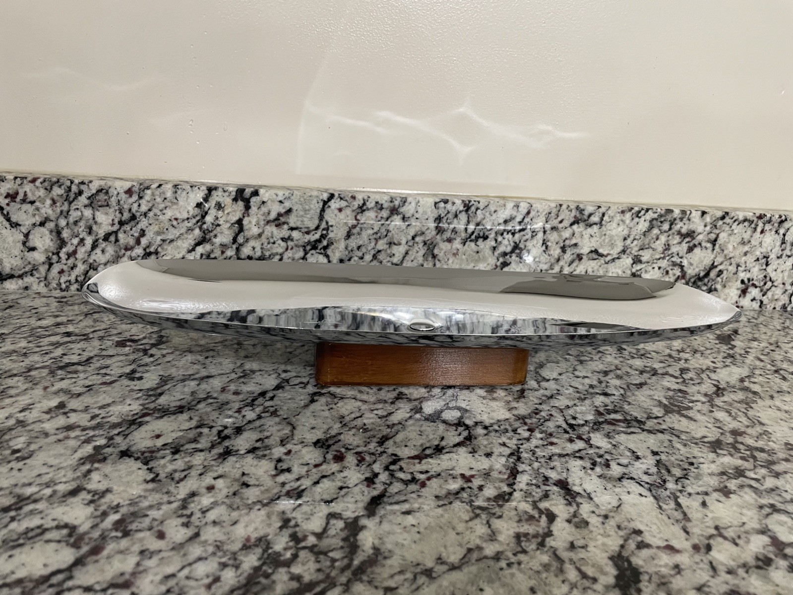 Mid Century Modern Riviera Chrome Canoe Dish on Wood Base W/Ever Last Finish Mid Century Modern Riviera Chrome Canoe Dish on Wood Base W/Ever Last Finish