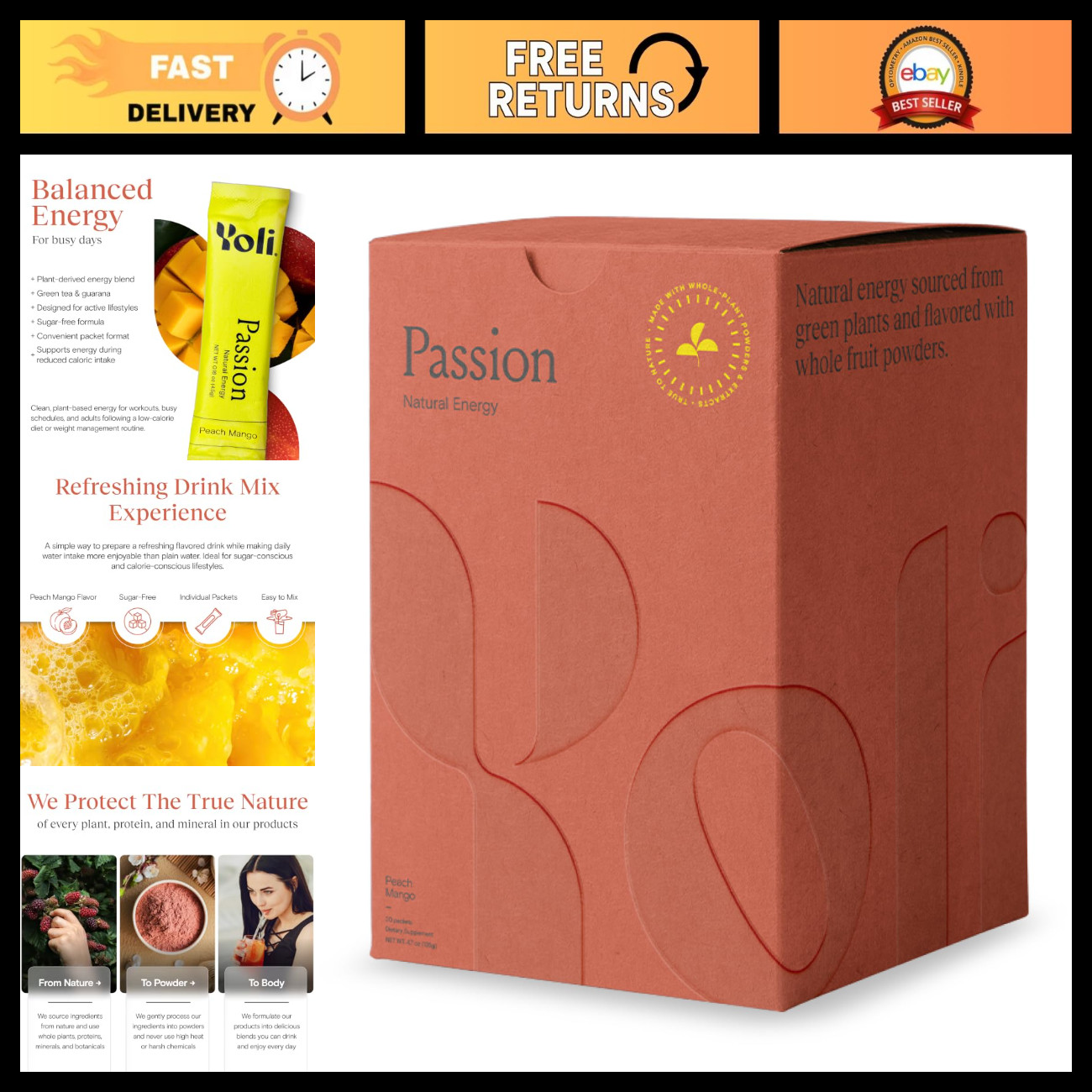 Sugar-Free Peach Mango Energy Powder Mix - 30 Packets, Boosts Energy & Focus