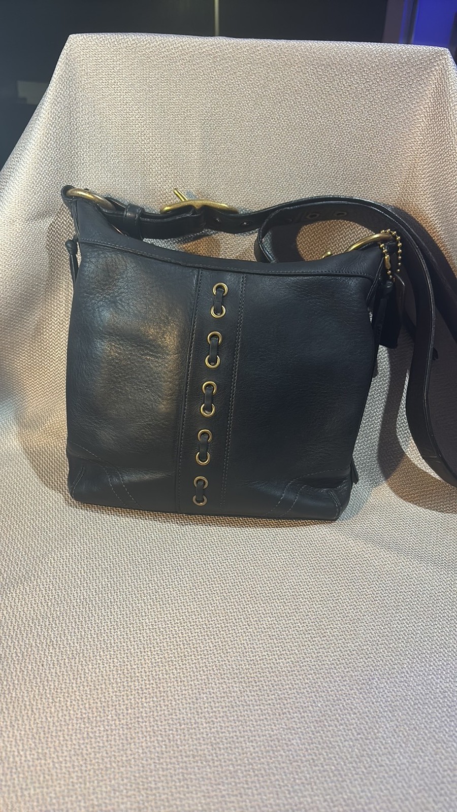 Vintage Coach Black Leather Duffel Sac Bucket Bag with Grommet Detail