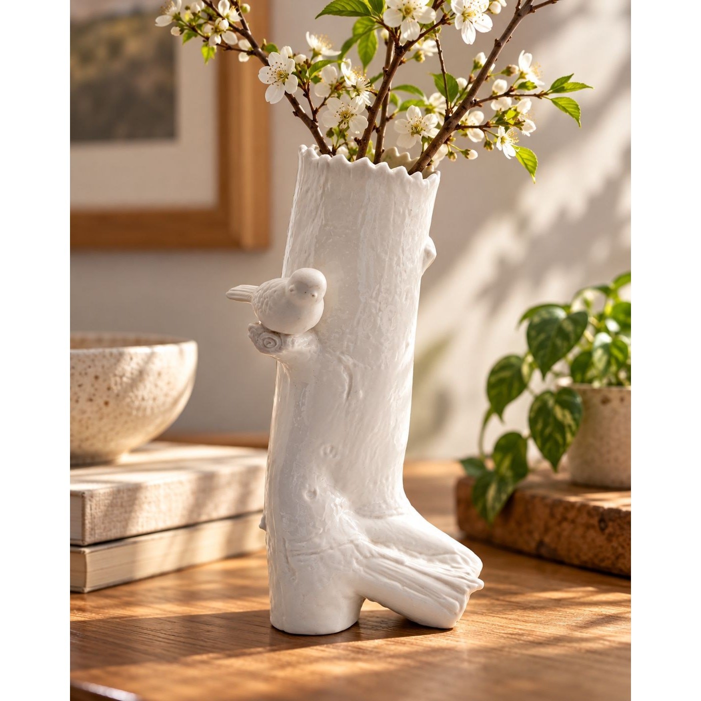 Pier 1 Imports White Ceramic Bird on Tree Branch Vase 11.5\