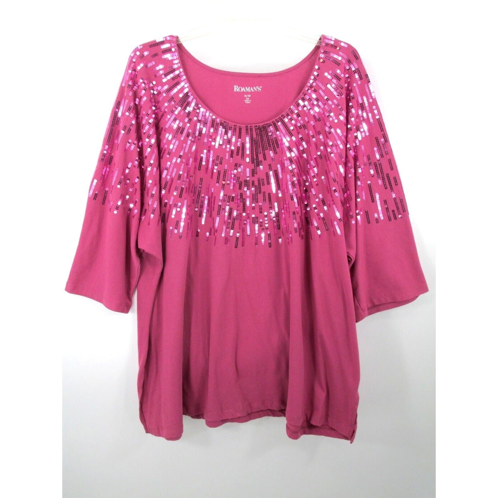 Roaman\'s Pink Sequin Sunburst Pullover Blouse Women 2X 26/28 Short Sleeve Sparkl Roaman\'s Pink Sequin Sunburst Pullover Blouse Women 2X 26/28 Short Sleeve Sparkl