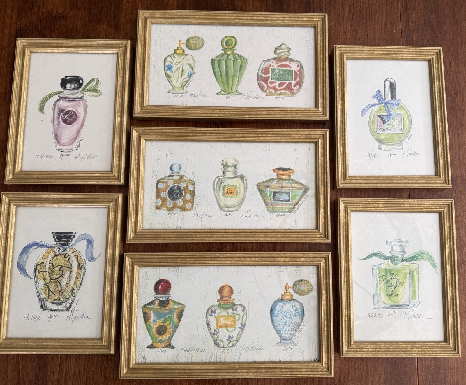 Kolene Spicher Set of 7 signed framed Lithographs Perfume Bottles Decor EXC