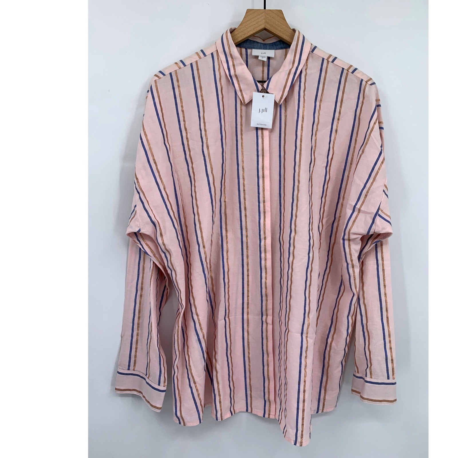 J Jill Shirt Womens XL Pink Blue Gold Metallic Button Long Sleeve NEW