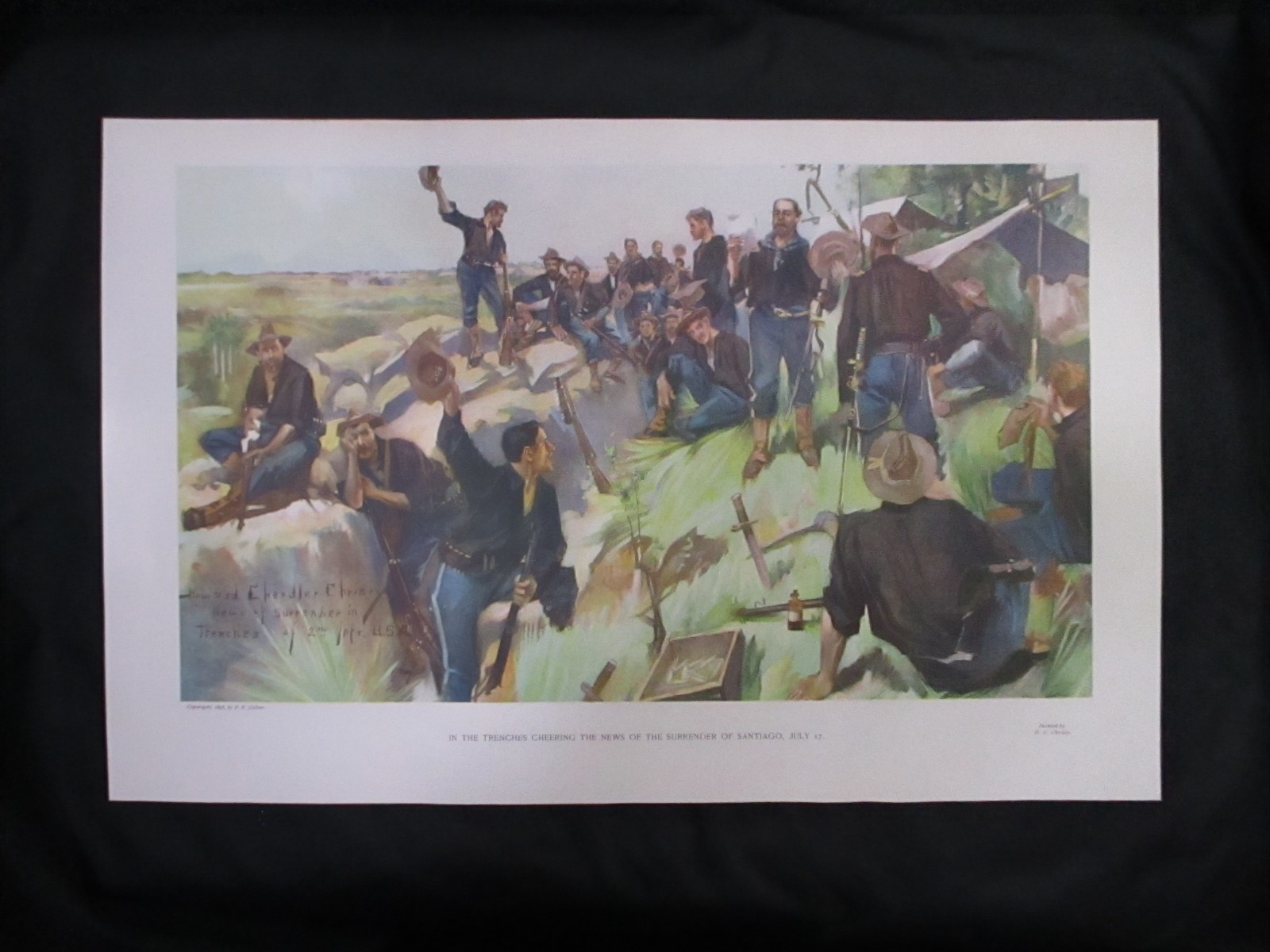 1898 Spanish American War Print - U.S. Soldiers In Trenches  Cheering Surrender