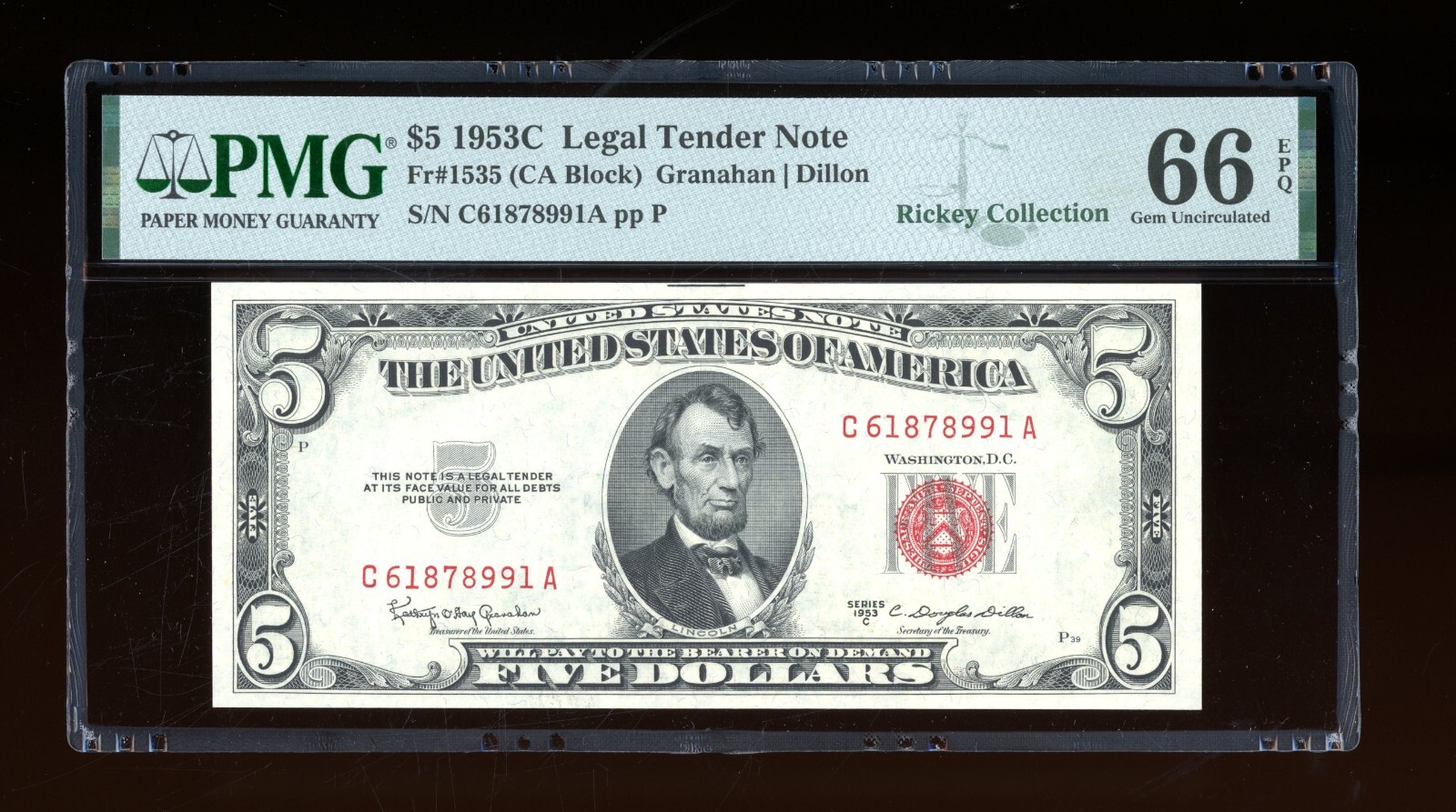 DBR 1953-C $5 Legal Tender Fr. 1535 Gem PMG 66 EPQ Serial C61878991A DBR 1953-C $5 Legal Tender Fr. 1535 Gem PMG 66 EPQ Serial C61878991A