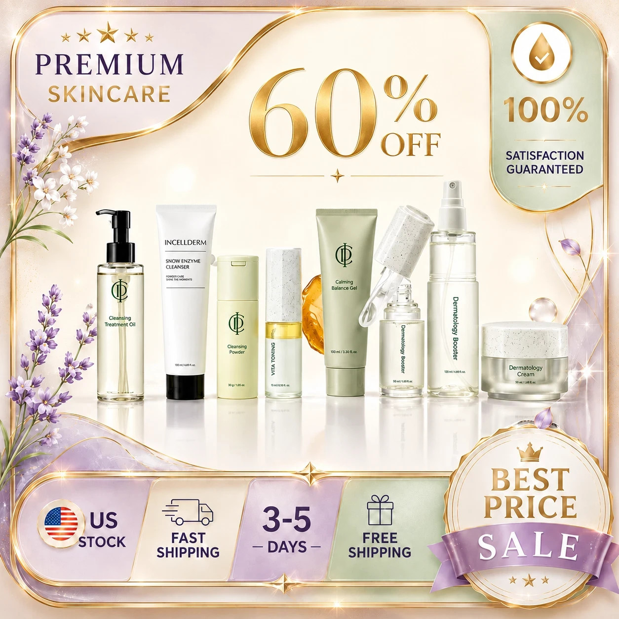 NEW ICD 8PC Daily Skincare Kit Booster Serum Cream Gel Mist Cleanser Face Care
